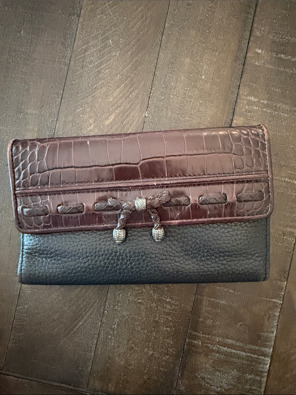 Brighton Vintage Brown and Black Croc-Trim Leather Wallet
